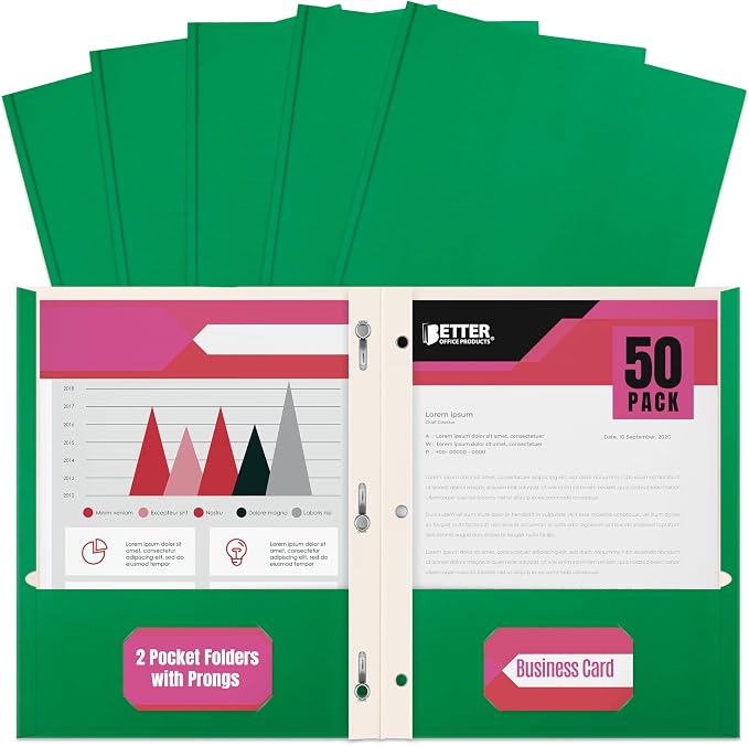 Better Office Products Green Paper 2 Pocket Folders with Prongs, 50 Pack, Matte Texture, Letter Size Paper Folders, 50 Pack, with 3 Metal Prong Fastener Clips, Green