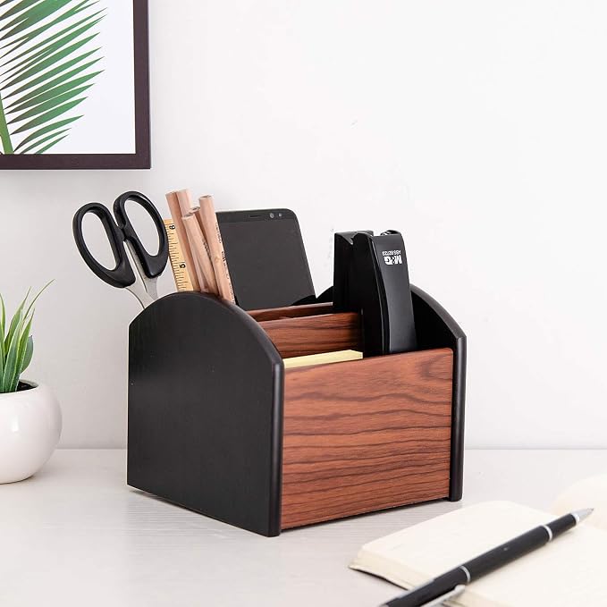 Revolving Wooden Desk Organizer 4 Compartment Remote Control Holder Brown Black Spinning Office Supplies Caddy Tabletop Storage Desktop Rotating Stationery Accessory Sorter Home
