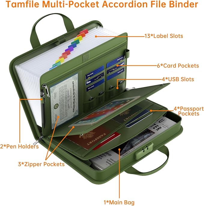 Fireproof Accordion File Organizer with Lock, 5200℉ Document Organizer | Thickened, 13 Clear Pocket, with Zipper & Labels, Important Document Organizer, Expanding File Folder, with Handle, Black