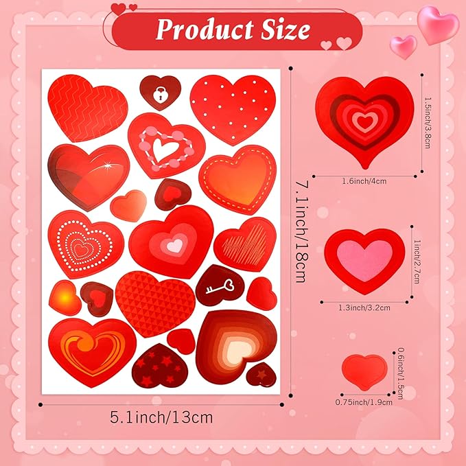 Heart Stickers, Valentines Stickers, 260PCS Valentine Day Heart Stickers, Self-Adhesive Hearts Decorative Sticker Decal for Mother's Day Wedding School Craft Activity Party Favors Supplies