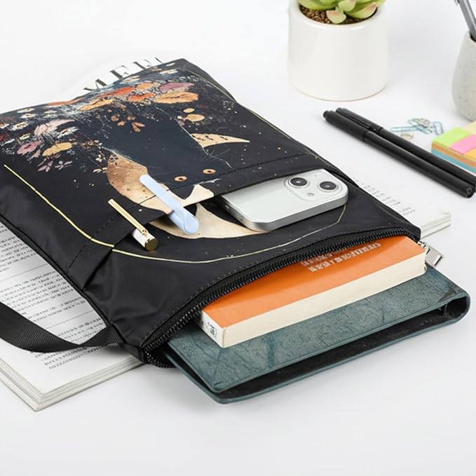 Book Sleeve with Zipper - Black Cat Books Cover Protector for Paperbacks Flower Moon Waterproof Bookish Pouch Reader Librarian Accessories Halloween Christmas New Year Gifts for Bookworms