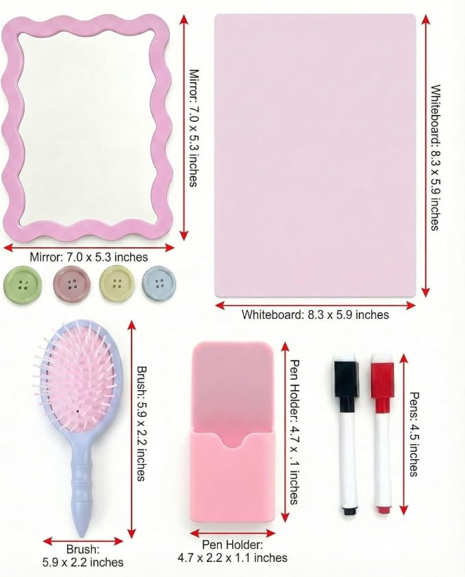 Pink Magnetic Locker Accessories Set (10 Pcs) – Shatter-Resistant Mirror, Whiteboard, Pen Holder, Comb, Markers & Magnet Clips – Cute Organizer for School, Gym, Work Locker Essentials for Girls Teens
