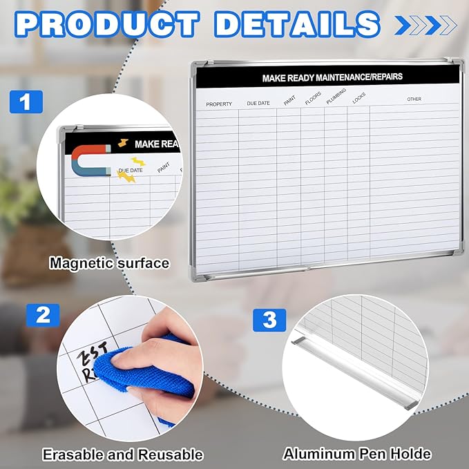 Lincia Property Management Make Ready White Board, Magnetic Maintenance Dry Erase Board with Lines, Sliding Marker Tray, Aluminum Frame Checklist Whiteboard for Apartment Maintenance Repair Tracking