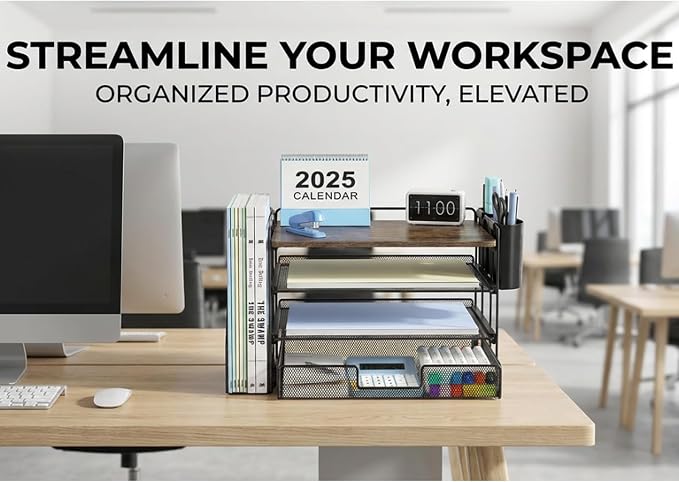 OPNICE Wood Desk Organizers and Accessories, 4-Tier Desktop File Organizer with Drawer and 2 Pen Holders, Office Desk Accessories Workspace Organizers for Office Supplies(Wood)