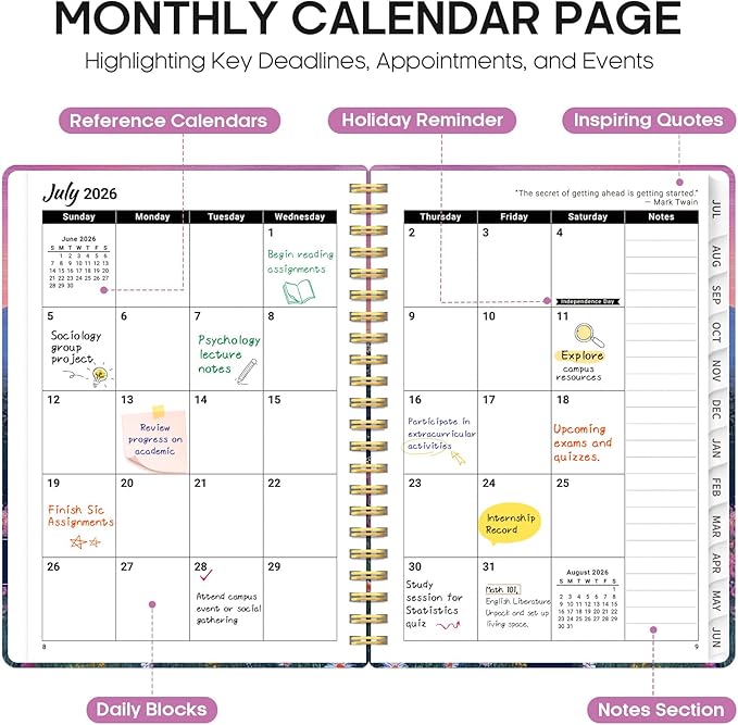 Planner 2026-2027, Academic Year Monthly and Weekly Calendar Planner, Jul 2026 - Jun 2027, Hardcover Teacher Student Planning Agenda book with Tabs, Perfect for School Office Supplies, 8.5" x 11" - Twilight Bloom