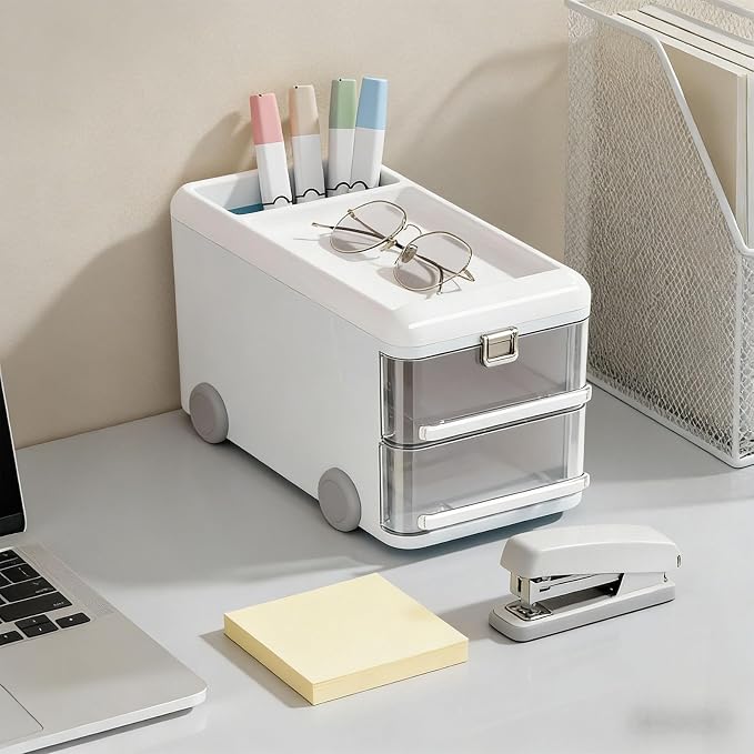 Cute Desk Organizer with drawers, Desktop Storage Box Drawer Type Stationery Organizer Cute Cartoon Pen Holder for Classroom Dormitory Home (White)