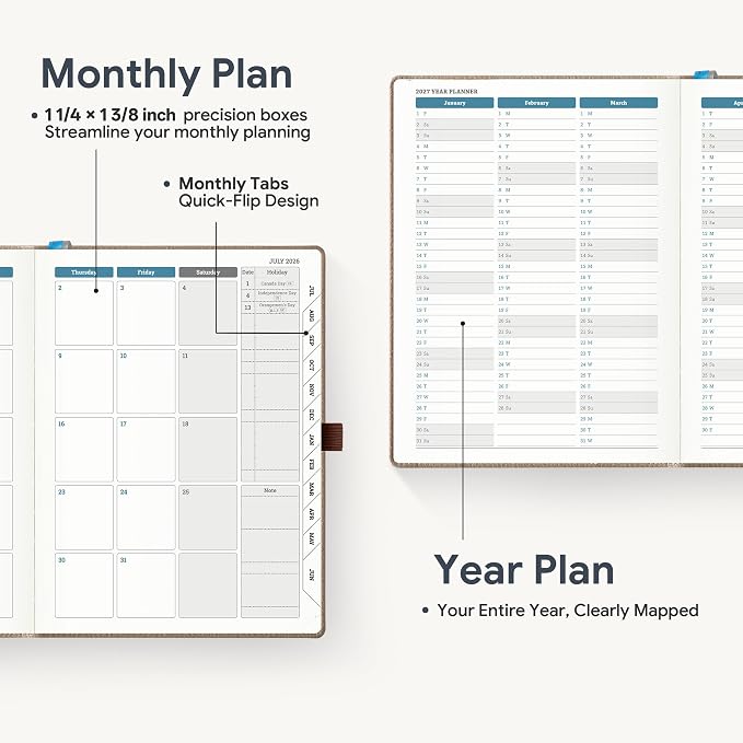 Weekly Planner 2026-2027 A5 (6.5" x 8.5") 12 Months (Jul'26 - Jun'27) Weekly & Monthly Planner with Month Tabs & Inner Pocket, Expenses/Note Pages, PU Leather Brown