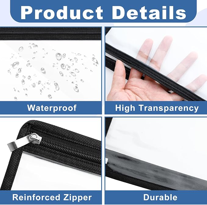 18 Pcs Clear Zipper Pouches, PVC Waterproof Cosmetic Organizer Bags, Document and File Storage Envelopes for Home and Office Supplies (7 x 11.4 inch)