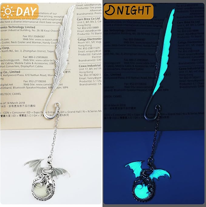 Jeffdad Feather Dragon Bookmark - Glow in The Dark Fantasy Bookmark Gifts for Women & Men (Silver Dragon)