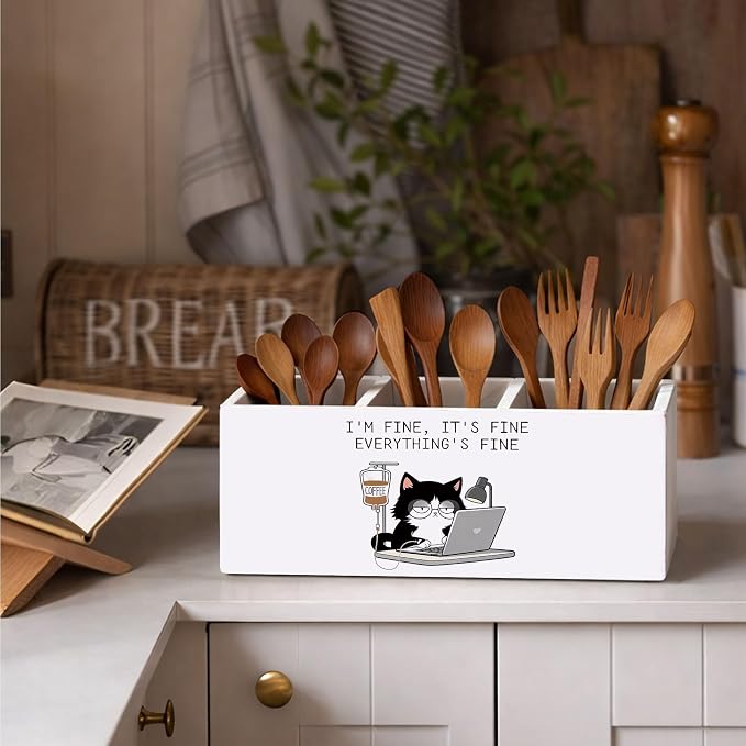 I’m Fine It’s Fine Everything’s Fine Cat Desk Organizer, 3-Compartment Wooden Pencil Holder for Pens, Pencils, Scissors & Ruler, Funny Cat Quote Storage Box for Kids, Home & Office