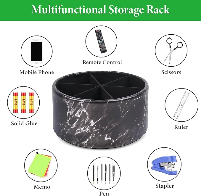 Remote Control Holder, 360°Spinning PU Leather Desk TV Remote Caddy,Desk Storage Box Room Accessories for Controller, Media,Mail,Calculator, Mobile Phone,Pencil(1-Big Marble Black)