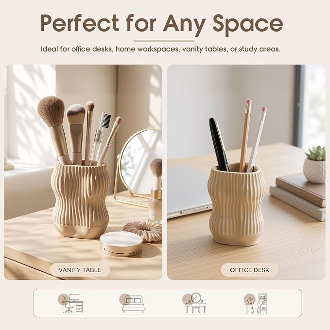 Aesthetic Desk Organizer Boho Pen Holder Modern Pencil Holder Beige Plastic Makeup Brush Organizer for Office Desk Accessories Stylish Home Office Art Decor Supplies(Stylish)
