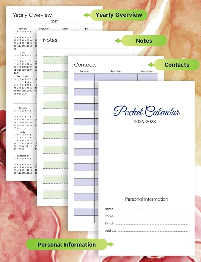 Pocket Calendar 2026-2028 Floral Series, Monthly Planner Jan 2026 to Jul 2028 (3.7" x 6.7") Perfect Purse Calendar, Pocket Agenda with Protective Plastic Sleeve-Multicolor Floral