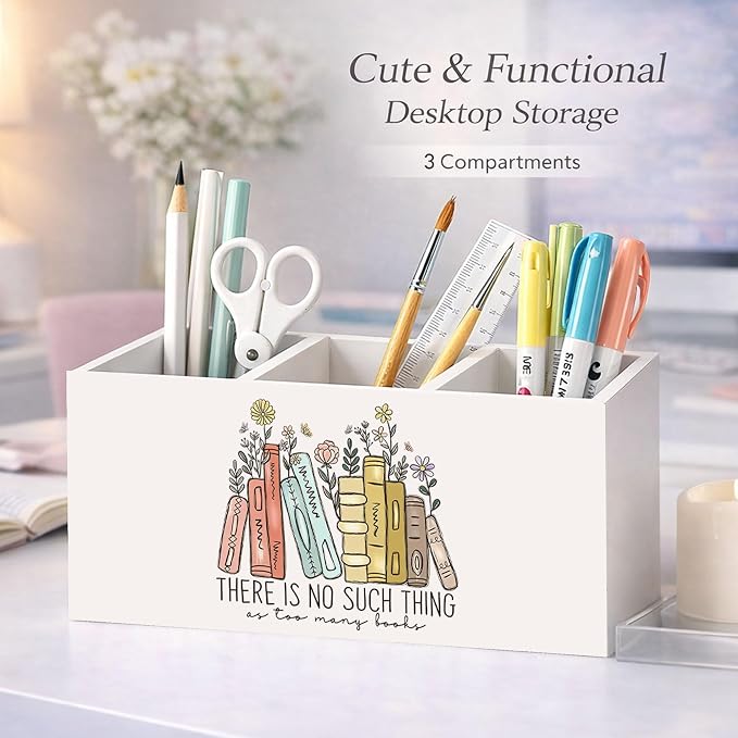 Books & Flowers Pen Holder, Inch Desk Organizer, “There Is No Such Thing as Too Many Books” Colorful Desk Storage for Pens, Pencils, Scissors – Teacher, Student, Book Lover Gift