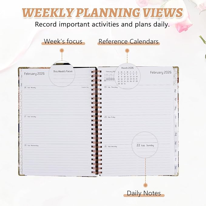 2026 Appointment Book, Weekly and Monthly Calendar Planner for Women, Jan 2026 - Dec 2026, Hardcover Planning Agenda book with Tabs, Spiral Bound, Inner Pocket, Perfect for School Office Supplies, 8.4" x 6.3" (Rosa)