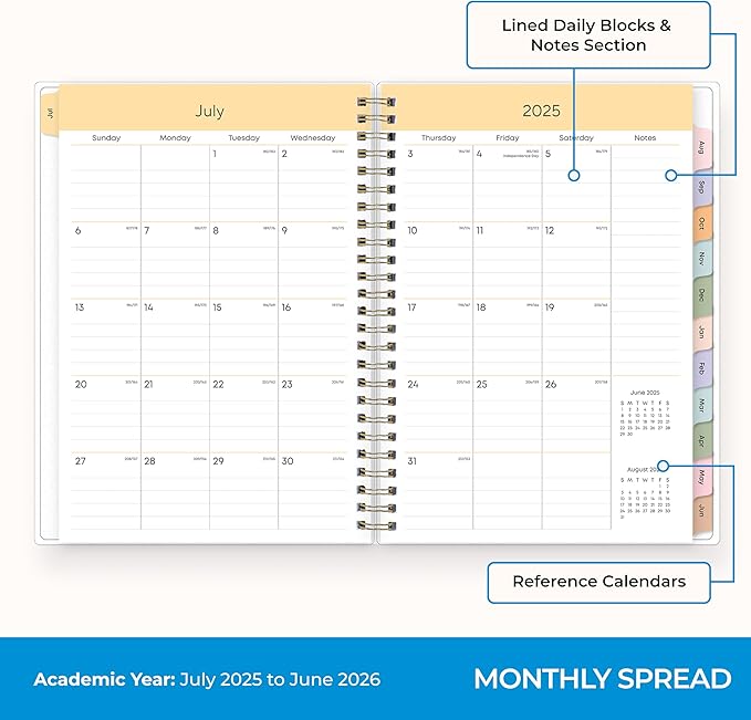 Blue Sky 2025-2026 Weekly and Monthly Academic Year Planner Calendar, July 2025 - June 2026, 5.8" x 8.6", Flexible Cover, Wirebound, Laminated Tabs, Storage Pocket, Borealis