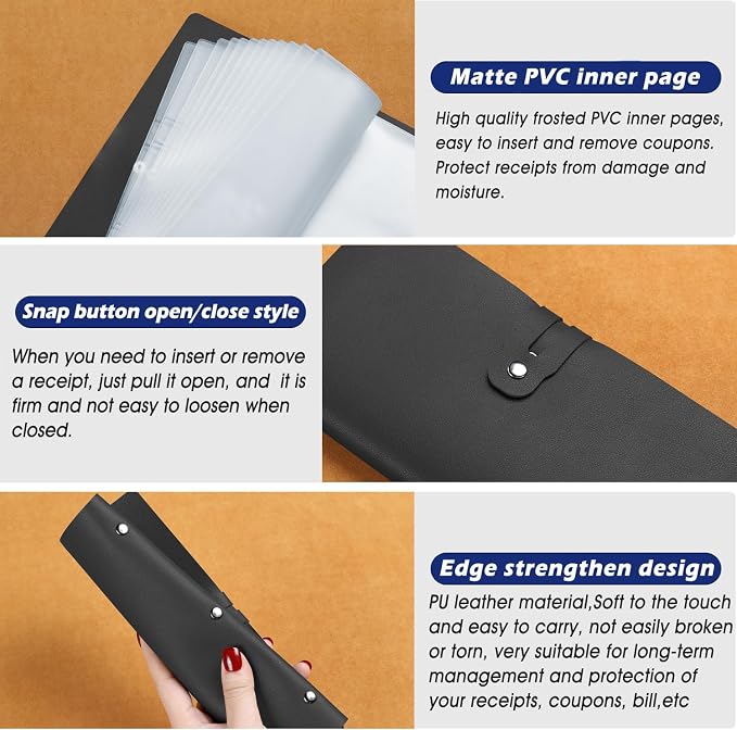 Leather Receipt Organizer, Portable Receipt Holder for Travel, Daily Coupon Organizer with 20 Pockets and 12 Card Slots to Keep Receipts and Coupons Organized, Prevent Loss and Damage (Black)
