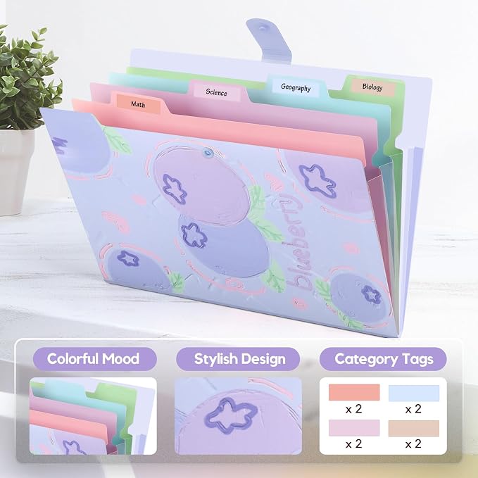 Cute Expanding File Folder Fruit Series - 5 Pockets Accordion Document Organizer, Waterproof Poly Plastic, A4/Letter Size for School Office Home (Blueberry)