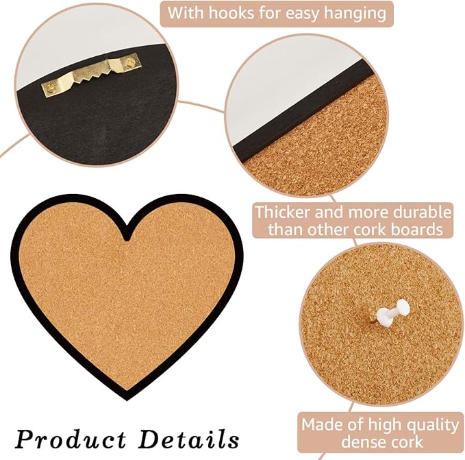 CRASPIRE Heart Pin Cork Board Cute Framed Bulletin Display 10.6x9.4In Badge Wooden Decorative Corkboard Small Wall Mounted Memory Memo Brooch Lapel Pin Storage for Home Office School Classroom Wedding