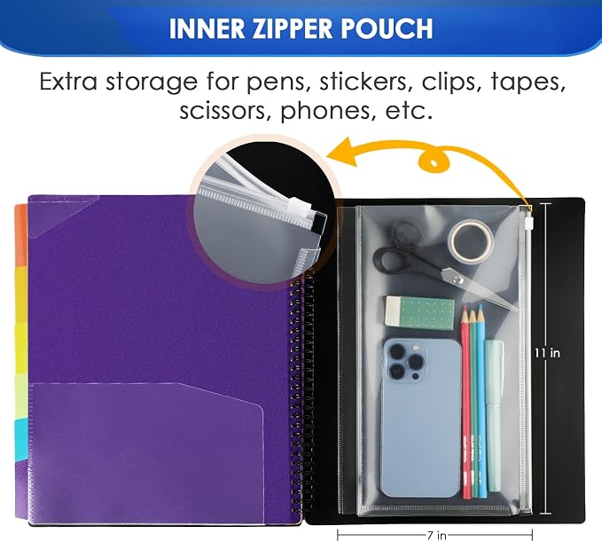 KTRIO 12 Pocket Project Organizer, Letter Size Spiral Binder,Black | 12 Pocket Storage,Letter Size Fit,Water-Resistant Poly,Zip Pouch Included,Writable Color Tabs