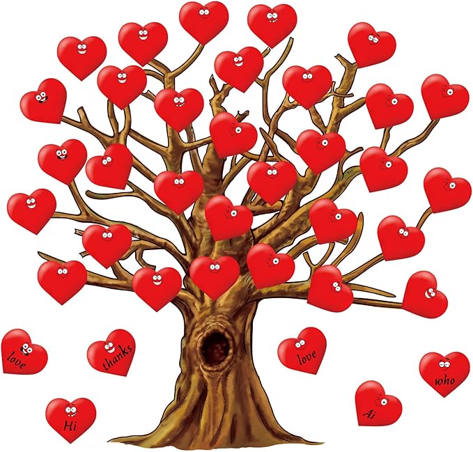 Gersoniel 90 Pieces Valentines Day Classroom Tree Bulletin Board Decorations Red Heart Cutouts Stickers for Classroom Home Wall Background Banner Decor