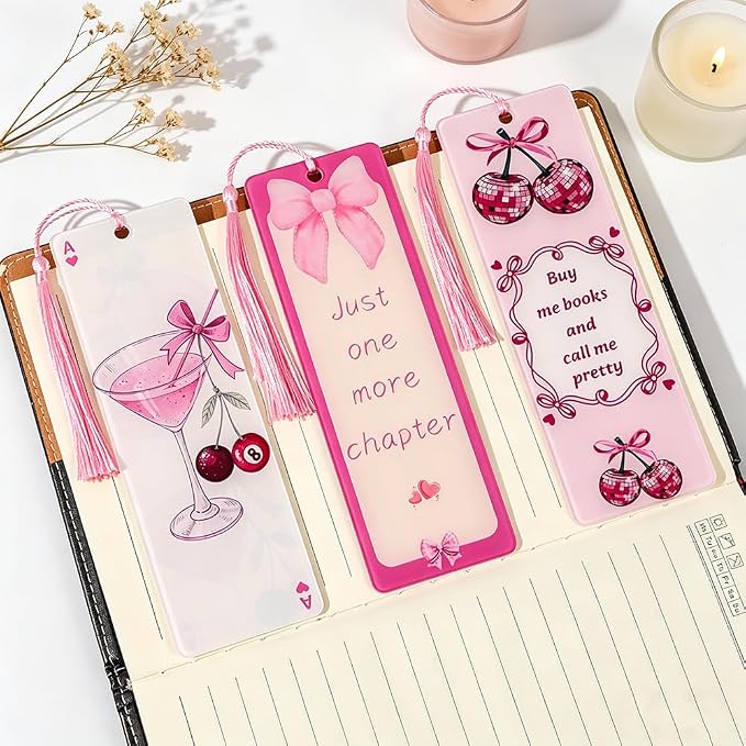 3PCS Spicy Cherry Acrylic Bookmark with Pink Tassel Birthday Gift for Women Spicy Book Lover Book Charm (3pcs Cherry)