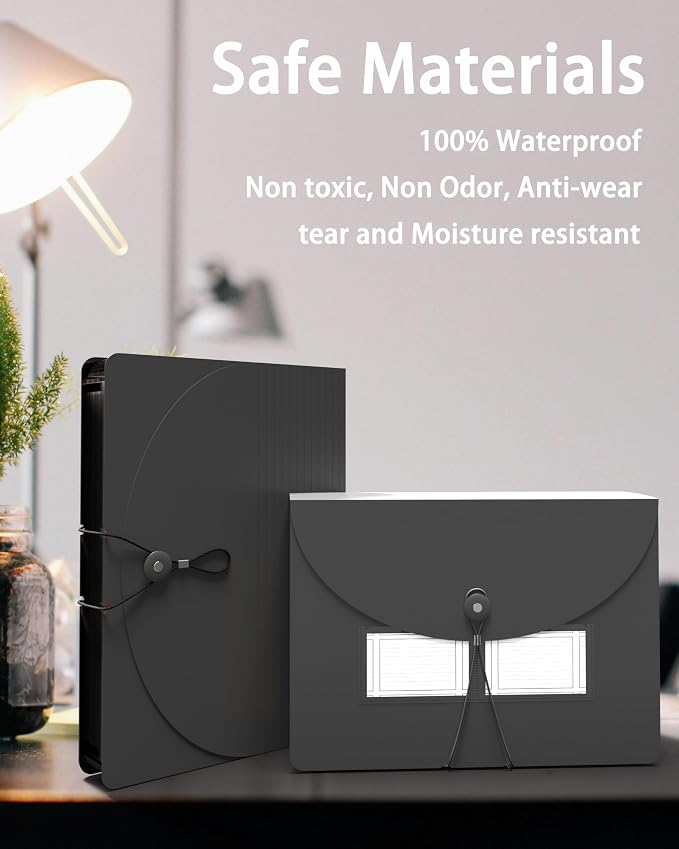 Expanding File Folder, 24 Pocket Accordion A4 Letter Size Portable Document Organizer with Colored Tabs, Expandable Bill Coupon Folder - Black