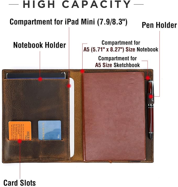Top Grain Leather 8.3" Padfolio for Men & Women, Handmade Vintage Design, Multi-Functional Business Portfolio Organizer, Compatible with Cards/iPad Mini/Pen/A5 Size Document, Coffee 8.3 Inch