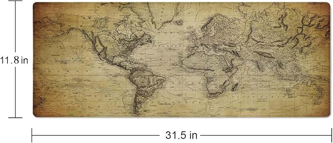 Gaming Mouse Pad Large, Keyboard Mouse Mat Desk Pad, Non-Slip Rubber Base with Stitched Edges Mousepad, 31.5X11.8 inch Vintage Retro World Map