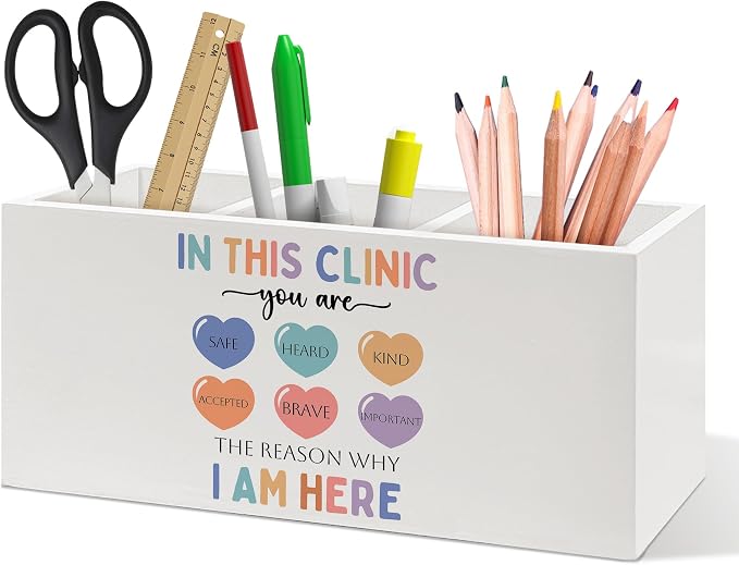 Mental Health Pen Holder, Therapy Office Pen Pencil Holder Organizer for Desk Accessories, in This Clinic You Are Safe Wooden Box Desk Decor for School Nurse Therapy Office Desk Decorations