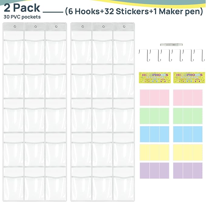 [2-Pack] Classroom Headphone Storage Organizer - 30 Pockets Over The Door Hanging Chart | Durable Headset Holder for Teachers | Clear PVC Pockets | School Supplies & Cell Phone/Calculator Storage