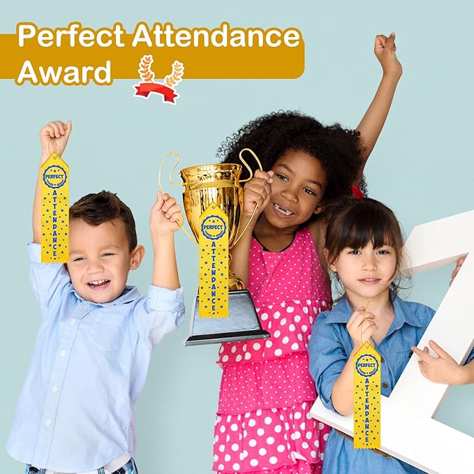 Taiyin 100 Pcs Award of Perfect Attendance Award Ribbons Prize Perfect Attendance Ribbon with Event Card and Rope for Kids Competition, Sports Event, Contests, School, Office Team