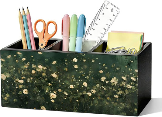 Dark Green Floral Pen Pencil Holder for Desk, Moody Cottagecore Botanical Flower Wooden Box Sign Organizer for Home Room Office Bedroom Desk Accessories Tabletop Decorations