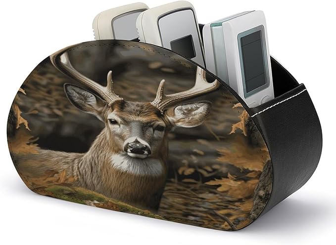 Leather Remote Control Holder with 5 Compartments Camouflage Deer Remote Caddy Desktop Organizer Store TV Remote Holder Remote Organizer for Bedside Table Office Desk