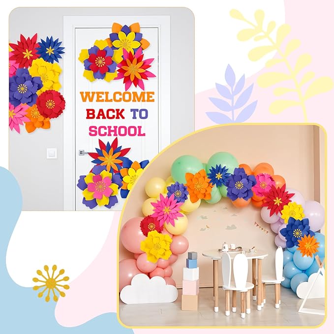MotiMind 12 Pcs Paper Flowers Decorations for Wall DIY Paper Flowers Bulletin Board 3D Handcrafted Backdrop Decoration for Classroom Back to School Party(Classic Color)
