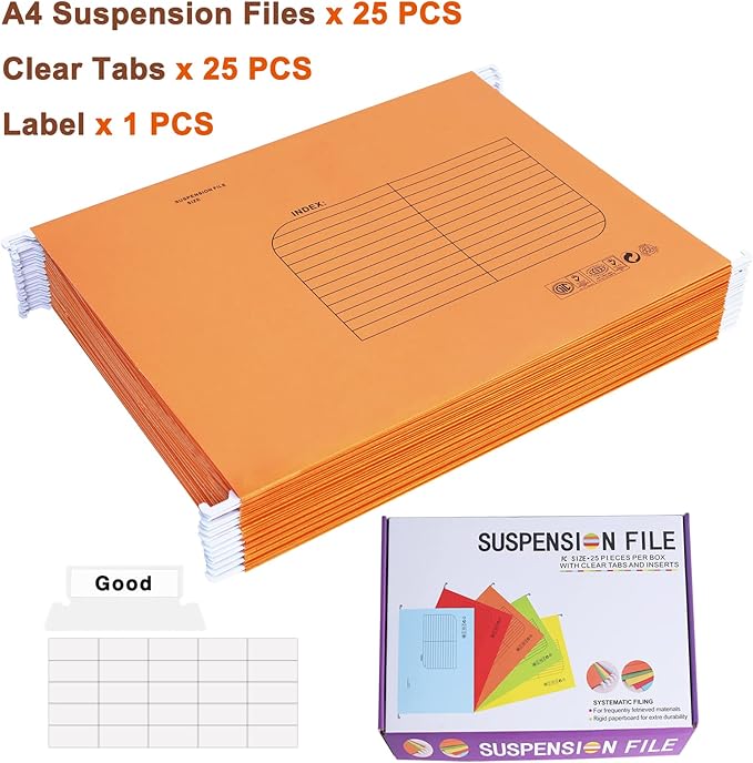 Hanging File Folder, A4 Suspension Files Holder, Hang Folder, Filing Cabinet Suspension File with Tab and Label for School Home Office, Orange, 25 Pack