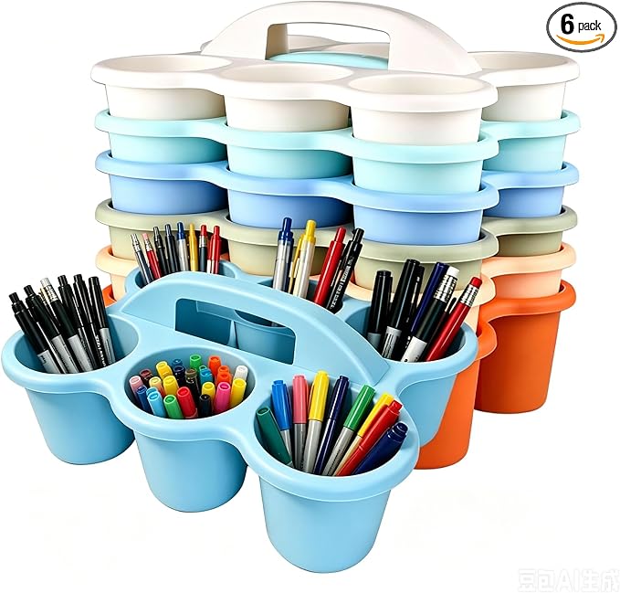 6 Pack Classroom Caddy Organizer with Handle Morandi Plastic Table Caddy 6 Compartments Storage Cup Holder for School Supplies Art Crafts Crayons Pencils Stackable Desk Daddy for Office