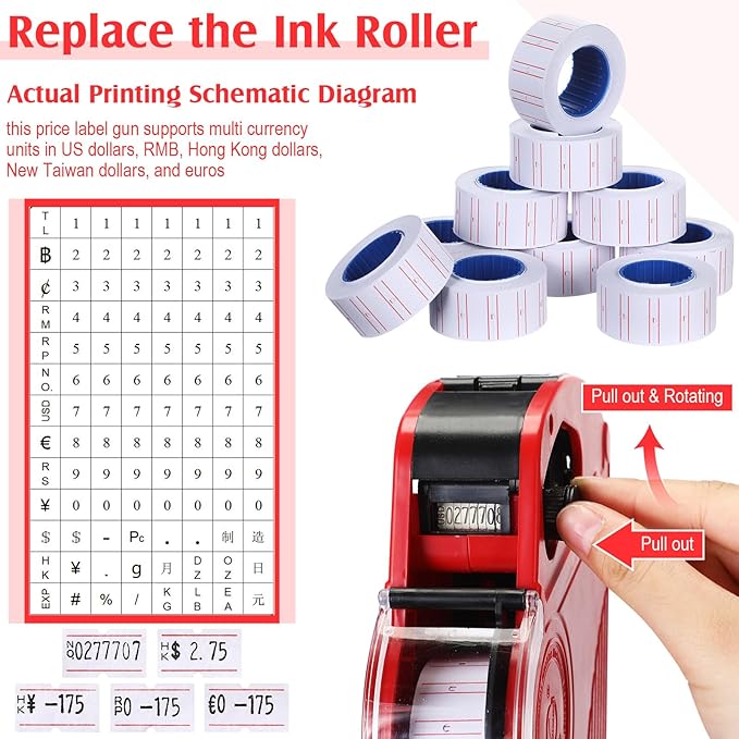 Dunzoom 3 Pack 8 Digits Price Tag Gun Label Pricing Gun Kit with 12000 Labels & 9 Ink Rollers for Retailer Supermarket Grocery Store Food(Red)