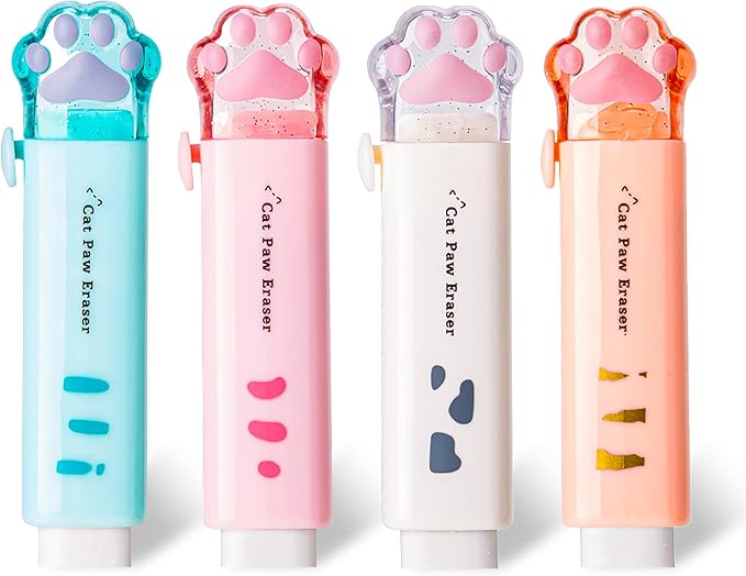 Retractable Pencil Eraser, Cute Erasers,Cat Paw Eraser,Suitable for School Home Office Supplies, 4Pcs (Eraser-BLFC)