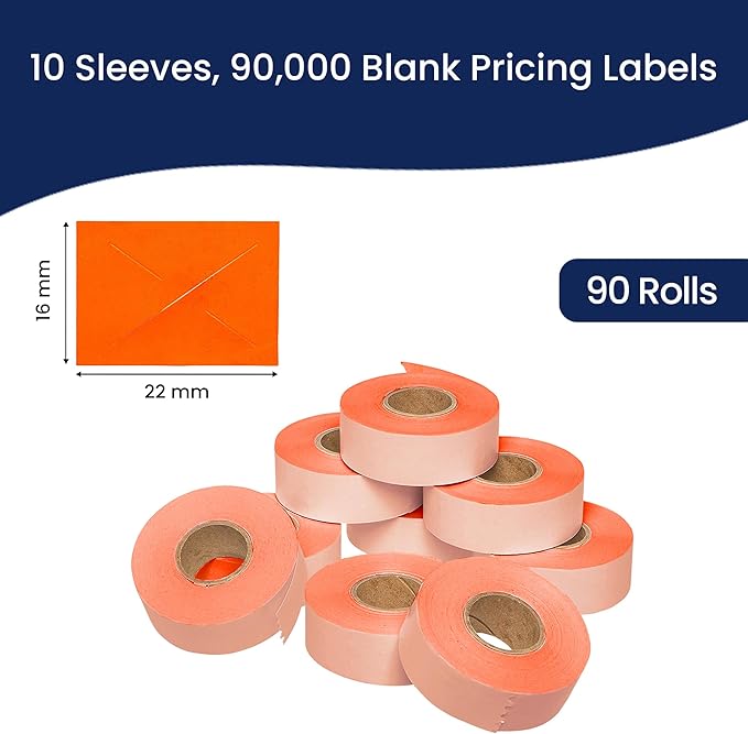 Perco Fluorescent Red Garvey 2216 Pricing Labels for Garvey 22-66/22-77/22-88 Two Line Pricing Gun - 90 Rolls, 10 Sleeves - 90,000 Pricemarking Labels and 10 Inkers Included