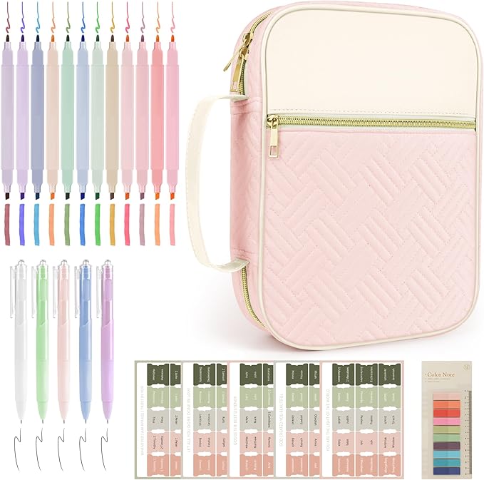 Ndsox Bible Cover Case with Handle for Women, Quilted Fabric & Vegan Leather Carrying Book Case Church Bag Bible Study Supplies Accessories Christian Gifts for Mother Lady Women Men, White & Pink