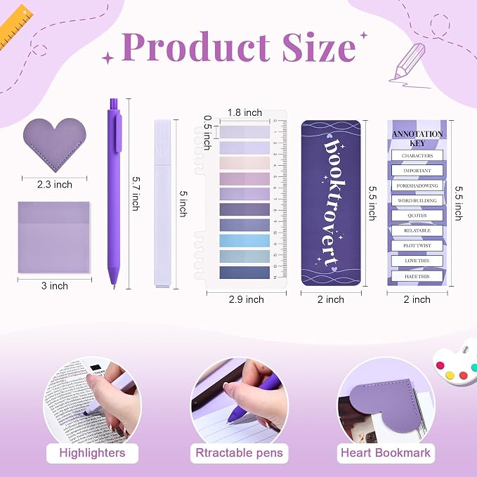 14 PCS Aesthetic Book Annotation Kit Large Checkered Pencil Case Book Lover Bookmark Dual Highlighters Gel Pens Study Supplies Stationary Set for Student Purple