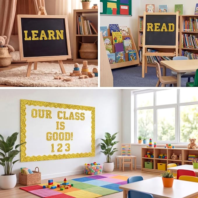 Gold 175 Pcs Graduation Photo Display Board Sticker Glitter Border Trim Alphabet Letter Number for 2026 Grad Party Trifold Poster Photo Display Science Fairs Event Displays Bulletin Board