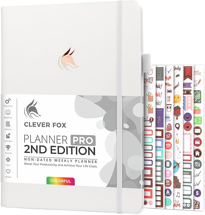 Clever Fox Planner PRO 2nd Edition – Undated Weekly Agenda Planner for Setting Goals, Tasks & Time Management – Life Organizer with To-do Lists & Habit Trackers – Large Format, 8.5x11″ (White)