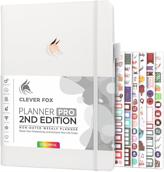 Clever Fox Planner PRO 2nd Edition – Undated Weekly Agenda Planner for Setting Goals, Tasks & Time Management – Life Organizer with To-do Lists & Habit Trackers – Large Format, 8.5x11″ (White)
