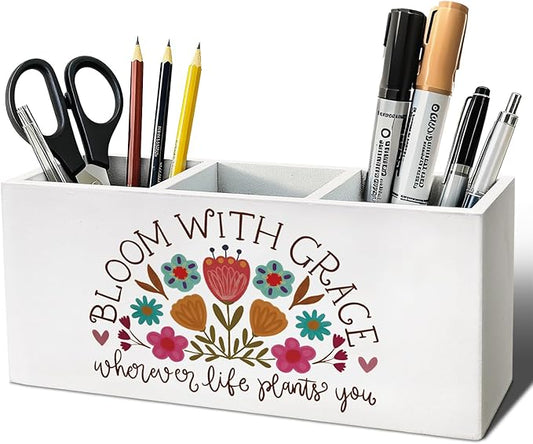 Boho Floral Inspirational Pen Pencil Holder, Mental Health Wood Desk Organizer and Accessories, Inspirational Positive Gifts for Women Pen Holder Desk Organizer for Therapy Office Tabletop