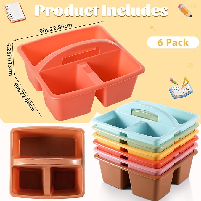6 Pack 3 Compartment Small Caddy Plastic Classroom Organizer with Handle Portable Teacher Supply Storage Caddy Craft Art Caddies for Pencil, Crayon, Marker, Home, Office, School Supplies(Boho)