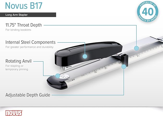 Novus B17 Long Arm Stapler, 11.75" Staple Depth, 40 Sheet Capacity, German Engineered, Staple | Pin, Steel Drive, 25 Year Warranty (020-1535)