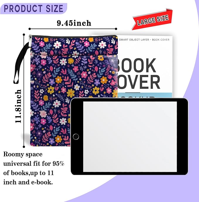 Flower Pattern Book Sleeve,Book Lovers Gifts Waterproof Book Cover for paperbacks with Zipper and Front Pocket Book Pouch for Women Teacher Birthday Graduation Christmas Gifts (Wildflower1602)
