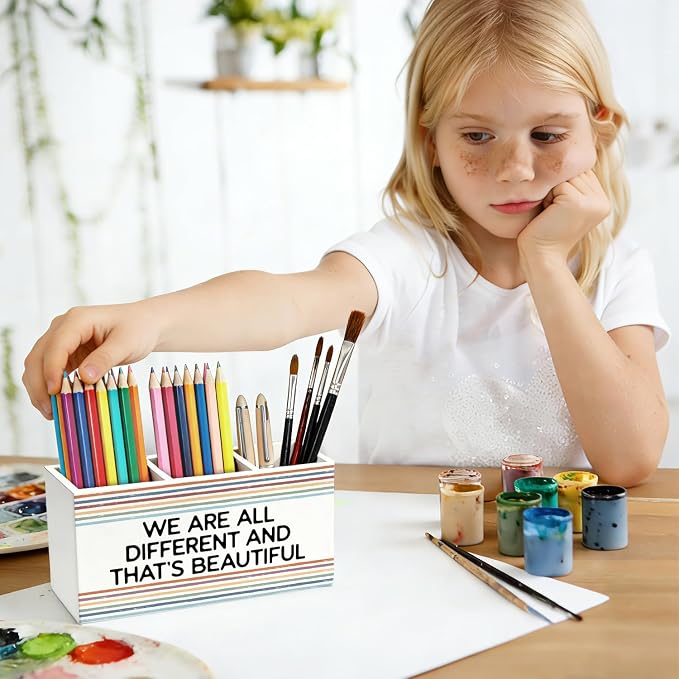 Classroom Pen Pencil Holder for Desk, Inspirational We Are All Different and That's Beautiful Wooden Box Sign Decorations for Kids Room Bedroom Playroom Classroom Desk Tabletop